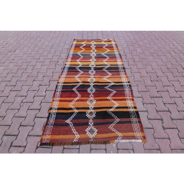 1960s Tribal Orange Striped Wool Handmade Kilim Rug For Sale - Image 13 of 13