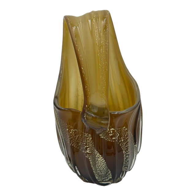 Mid Century Murano Amber Art Glass Aventurine Gold Flecks Vase Basket Handled For Sale