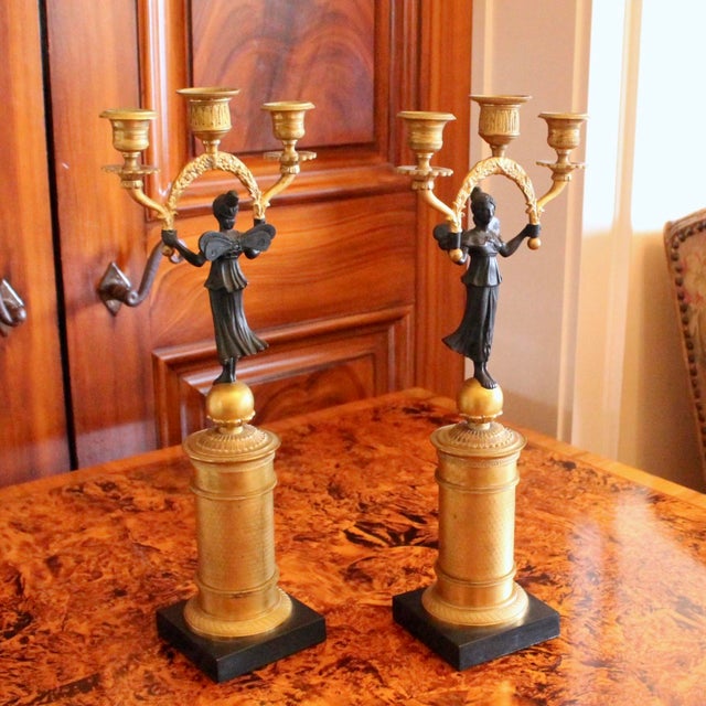 French Pair of Continental Gilt Figural Neoclassical Candelabra For Sale - Image 3 of 17