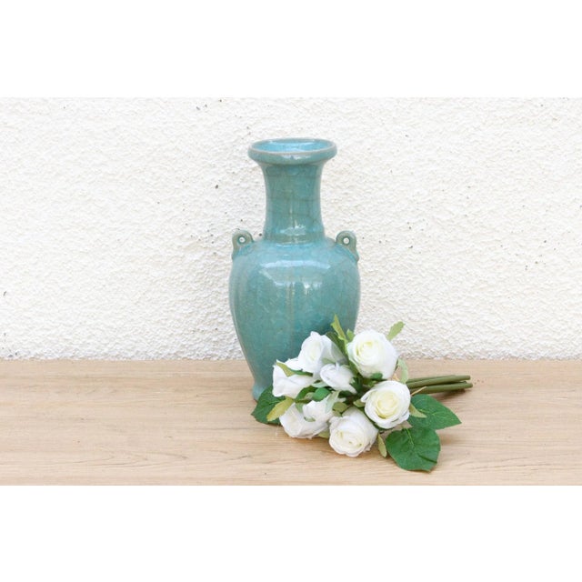 Ceramic Antique Turquoise Crackle Glaze Vase For Sale - Image 7 of 7