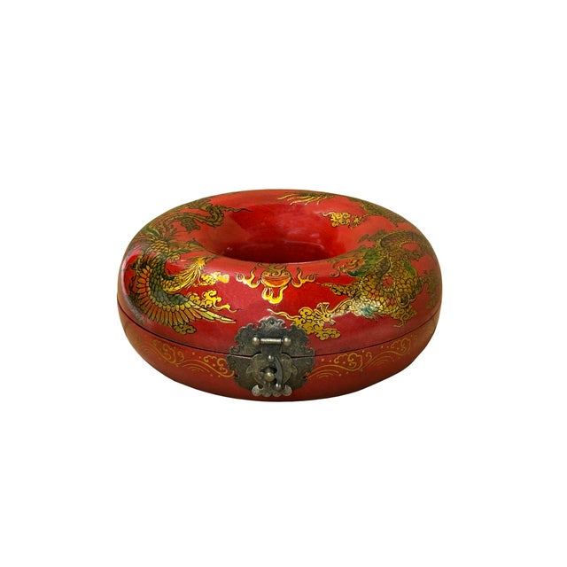 Oriental Red Dragon Phoenix Graphic Donut Shape Container Box For Sale In San Francisco - Image 6 of 7