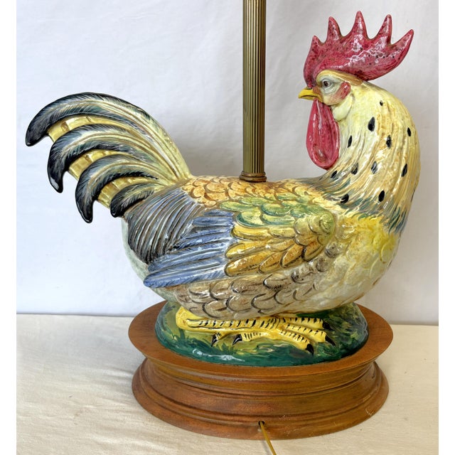 Vintage Large Ceramic Rooster Lamp on Wood Base For Sale - Image 14 of 17