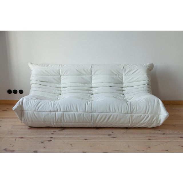 White Leather Togo Lounge Chair, Pouf and 3-Seater Sofa by Michel Ducaroy for Ligne Roset, Set of 3 For Sale - Image 18 of 18