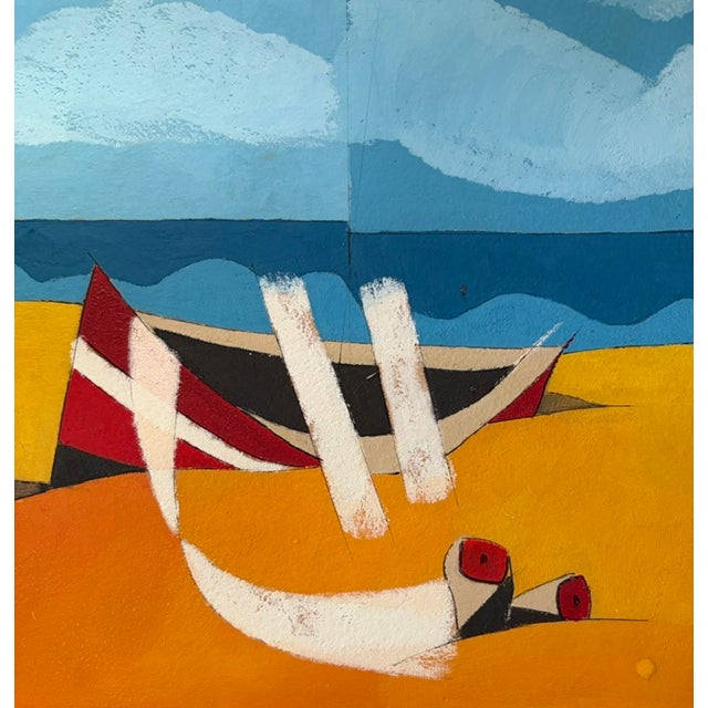 Mid-Century Modern Mid Century Modernist Abstract Landscape Painting - A Boat Sits on a Beach Under a Blue Sky- Signed For Sale - Image 3 of 9
