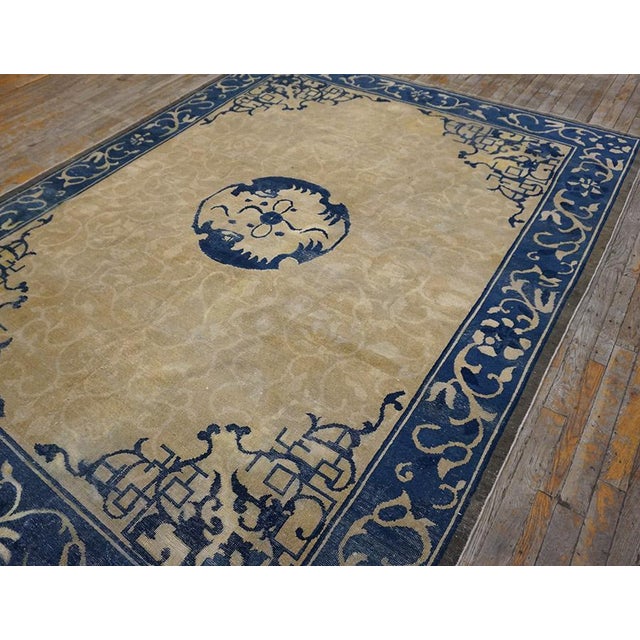 Outstanding Tan Beige Color and Lovely Geometric Design Antique Chinese Peking Rug For Sale - Image 4 of 10