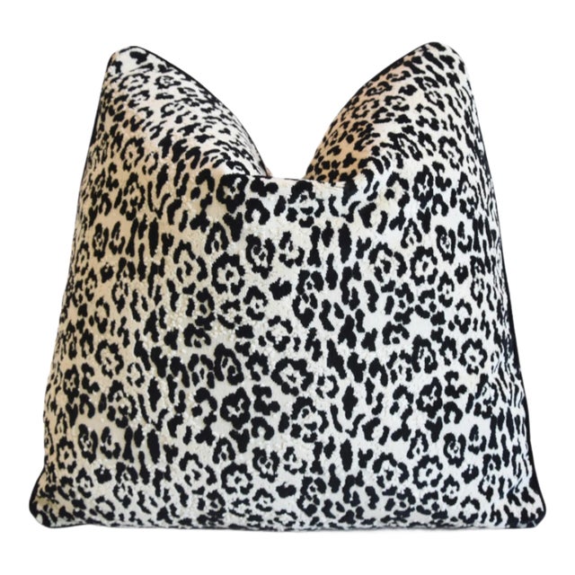 French Designer Pierre Frey Black & White Jungle Leopard Velvet Feather/Down Pillow 21" Square For Sale