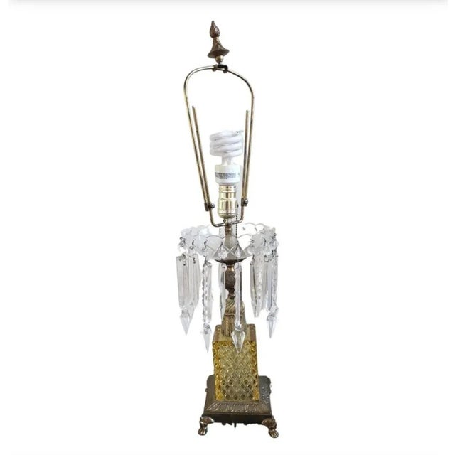 1930s 1930s Solid Brass Glass Cut and Lead Crystal Arrow Pendulums Table Lamp For Sale - Image 5 of 8