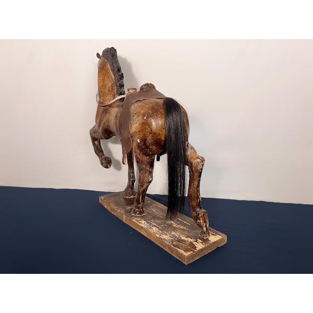 American Antique American Folk Art Composition Plaster Horse With Leather Saddle & Horsehair Tail For Sale - Image 3 of 11