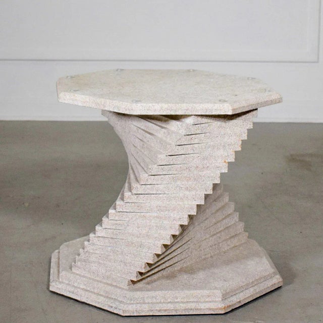 Unusual textured faux stone stacked helix spiral coffee table with beveled hex glass top. Can be used with or without the...