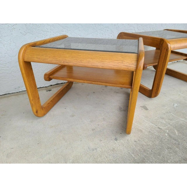 Brown 70's MCM Hodges Mersman Oak Smoked Glass End Tables- Set of 2 For Sale - Image 8 of 10