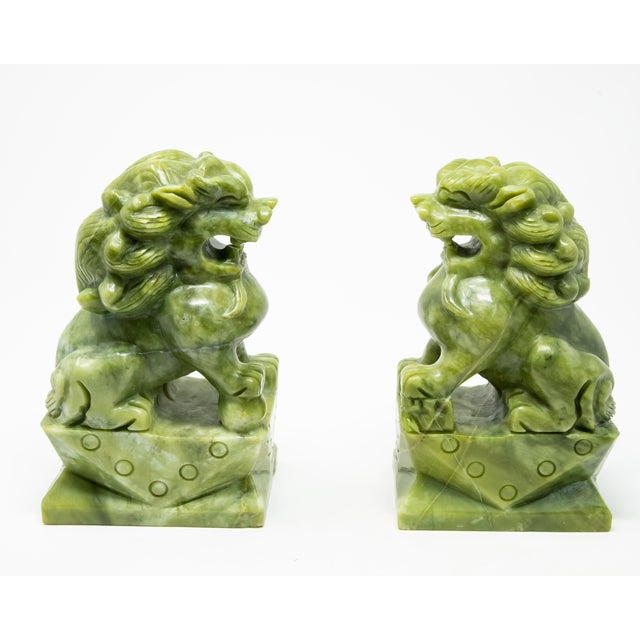 Jade Chinese Carved Jade Stone Guardian Lion Figurines - a Pair For Sale - Image 8 of 13