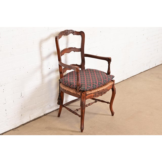 Baker Furniture Company Baker Furniture French Provincial Louis XV Carved Walnut Armchair or Dining Captain Chair For Sale - Image 4 of 11