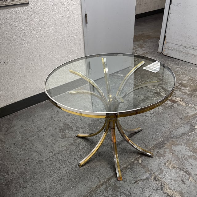 Late 20th Century Italian Mid-Century Brass + Chrome Round Glass Dining Table, Vintage For Sale - Image 5 of 12