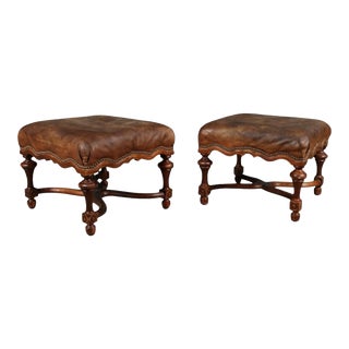 Mid-Century French Style Carved Fruitwood Leather Ottomans or Stools - Pair For Sale