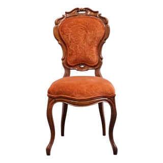 Vintage Antique Solid Beech Louis XV Victorian Rococo Revival Accent Side Chair W. Embossed Velvet Upholstery For Sale