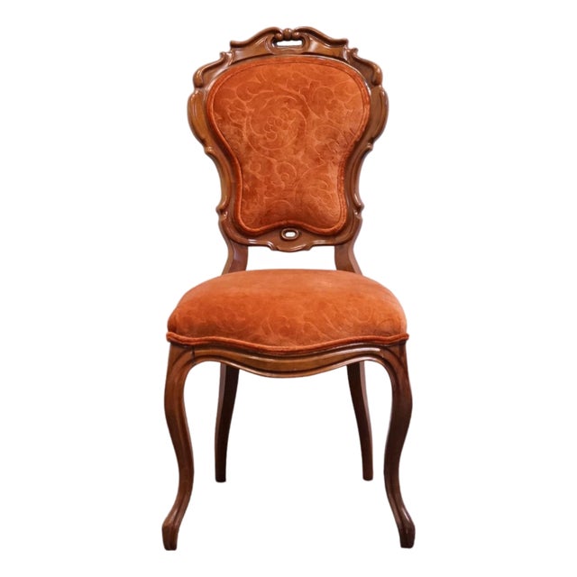 Vintage Antique Solid Beech Louis XV Victorian Rococo Revival Accent Side Chair W. Embossed Velvet Upholstery For Sale