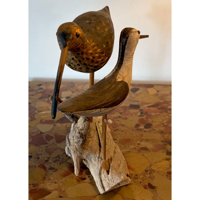 Vintage Hand Carved and Painted Wooden Shorebirds, Folk Art, Signed Wek For Sale - Image 4 of 7