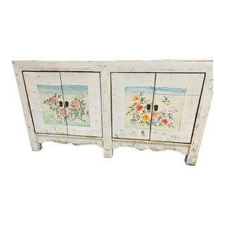 Vintage White Asian Hand Painted Sideboard Cabinet For Sale