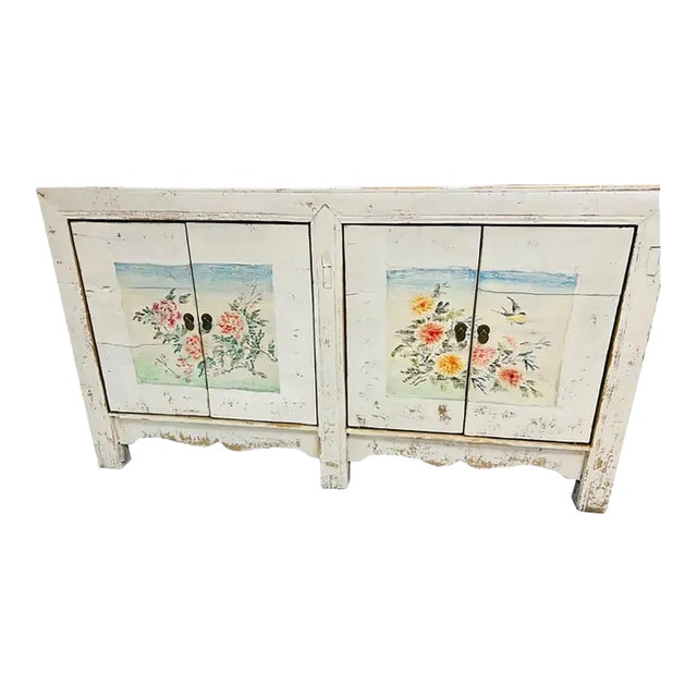 Vintage White Asian Hand Painted Sideboard Cabinet For Sale
