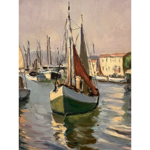 French Harbor and Sailboat Scene Oil Painting, Early to Mid 20th Century For Sale - Image 4 of 6