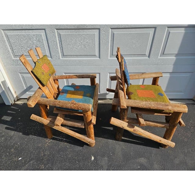 Primitive Adirondack Captain's Chairs - Pair With Woven Geometric Cushions For Sale - Image 4 of 11