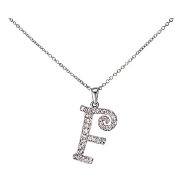 Late 20th Century 18K White Gold Diamond F Initial Pendant Slide Necklace Estate For Sale