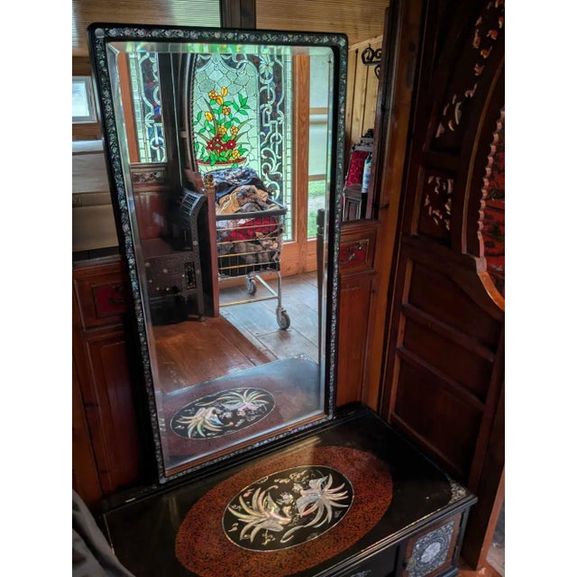 Elevate your space with the refined beauty of this Asian Black Lacquer Vanity, ornamented with intricate mother of pearl...