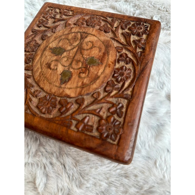 Mediterranean Hand Carved Wood Box With Brass Inlay For Sale - Image 3 of 12