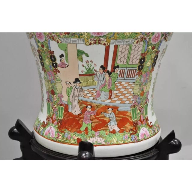 Vintage Chinese Famille Rose Porcelain Urn Lidded Temple Jar Vase on Base For Sale - Image 11 of 12
