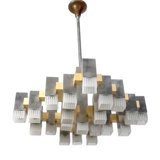 Cubic Gold and Chrome Chandelier by Gaetano Sciolari, Italy, 1970s For Sale