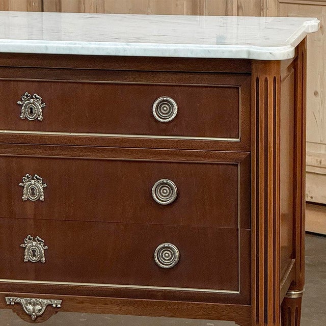 Wood Antique French Louis XVI Mahogany Carrara Marble Top Commode For Sale - Image 7 of 15
