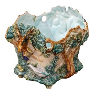 19th Century French Painted Majolica Cachepot With Hunt Trophy Motifs For Sale
