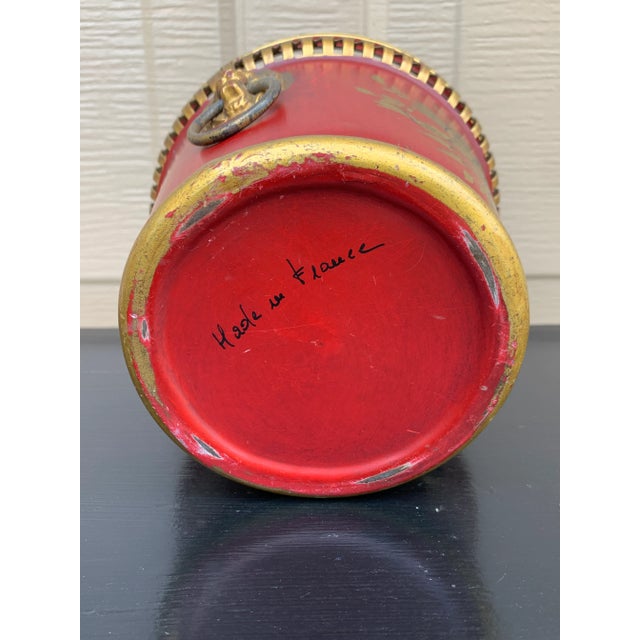 Red French Red & Gold Tole Cachepot With Lion Head Handles and Pierced Gallery Rim For Sale - Image 8 of 8