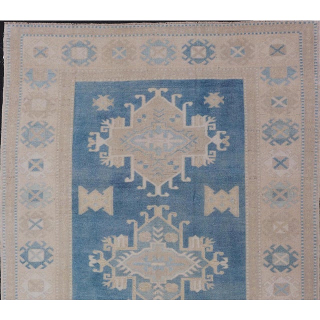 Baby Blue Turkish Oushak Rug With Geometric Medallion Design in Blue and Beige For Sale - Image 8 of 10