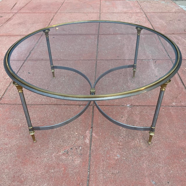 Mid-Century Modern Manner of Maison Charles French Directoire Coffee Table Having Brass Mounts & Glass Inset Top For Sale - Image 3 of 13