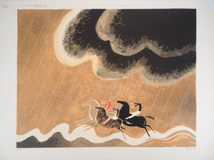 Albert Zavaro, Les chevaux dans la houle, Lithograph