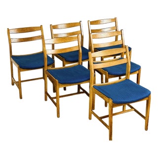 Vintage Dining Chairs in Oak and Blue Fabric, 1960s, Set of 6 For Sale