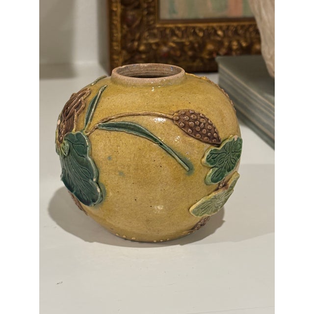 Mustard Antique Chinese Mustard Glazed Pottery Lotus & Crane Relief Vase / Ginger Jar For Sale - Image 8 of 16