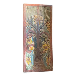 Vintage Hand-Carved Tree of Dreams Wood Barn Door Wall Panel With Peacock & Sunflower 84x36 For Sale