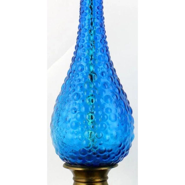 Bubble Textured Blue Glass Table Lamps With Brass Accents - a Pair For Sale - Image 4 of 9