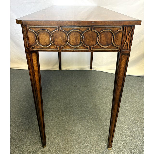 Modern Theodore Alexander Mahogany Console Table With Center Drawer and Circular Pattern Apron For Sale - Image 3 of 17