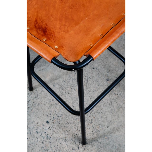 1960s Mid Century Modern Bar Stools Set 3 Cognac Tan Leather Charlotte Perriand Arcs For Sale - Image 10 of 12