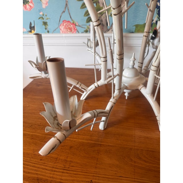 Mid-Century Modern Midcentury White Faux Bamboo Pagoda Tole Chandelier For Sale - Image 3 of 12