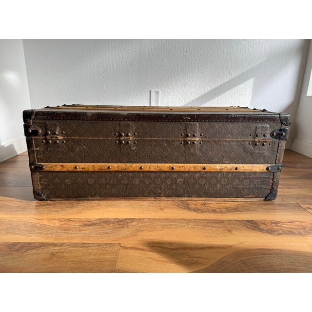 French Antique Louis Vuitton Monogram Canvas Cabin 100 Trunk, Black Lacquered Iron Hardware, Dated 1911, Monogrammed v.b.n [Ll] For Sale - Image 3 of 12