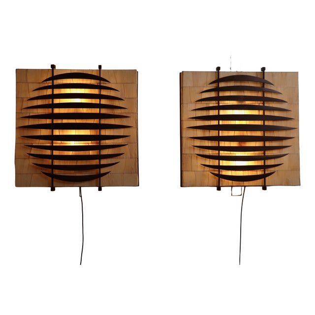 Sculptural Walnut and Paper Wall Lights, Italy, 1960s For Sale