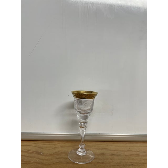 Mid 20th Century Vintage Gold-Encrusted Etched Crystal Stemware, Three-Piece Place Setting: Water Goblet, Wine Goblet, and Cordial Glass. For Sale - Image 5 of 5