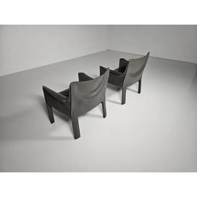 Gray Cab-414 Armchairs in Grey Leather by Mario Bellini for Cassina, 1980s, Set of 2 For Sale - Image 8 of 11