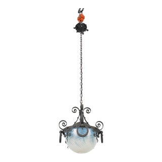 Mid 20th Century Restored Spanish Revival Wrought Iron Opalescent Glass Pendant Light For Sale