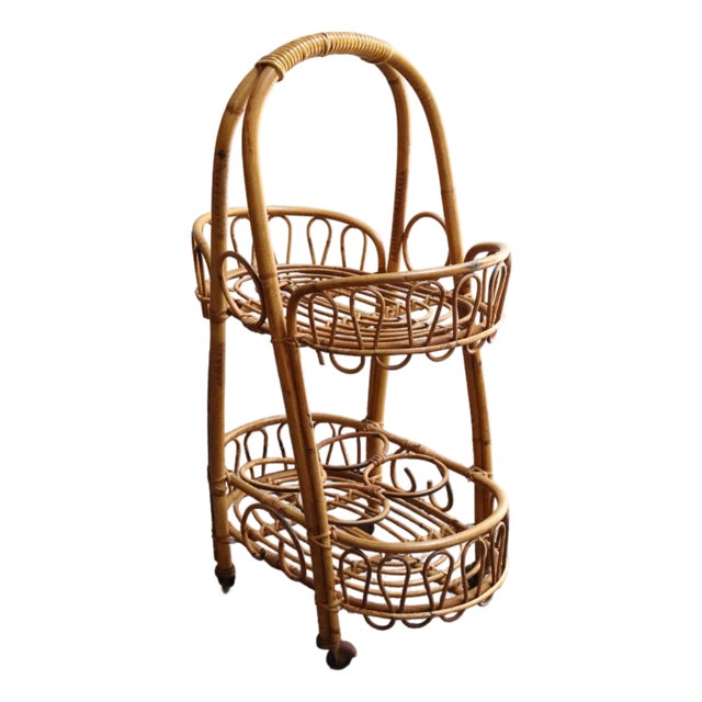 Vintage Italian Oval Bar Cart / Trolley on Caster Wheels in Bamboo and Rattan For Sale