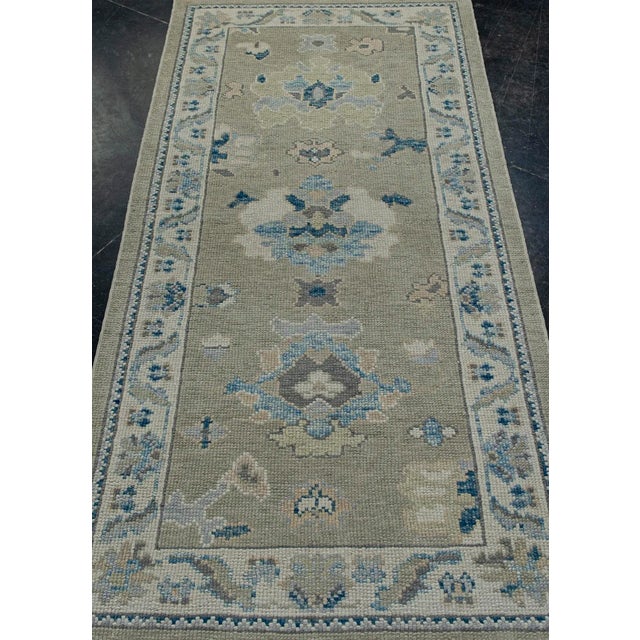 Turkish Oushak Rug Gray, Blue & Olive Green Handwoven Wool Rug 3' X 6'3" This handwoven Turkish Oushak rug measures 3' x...